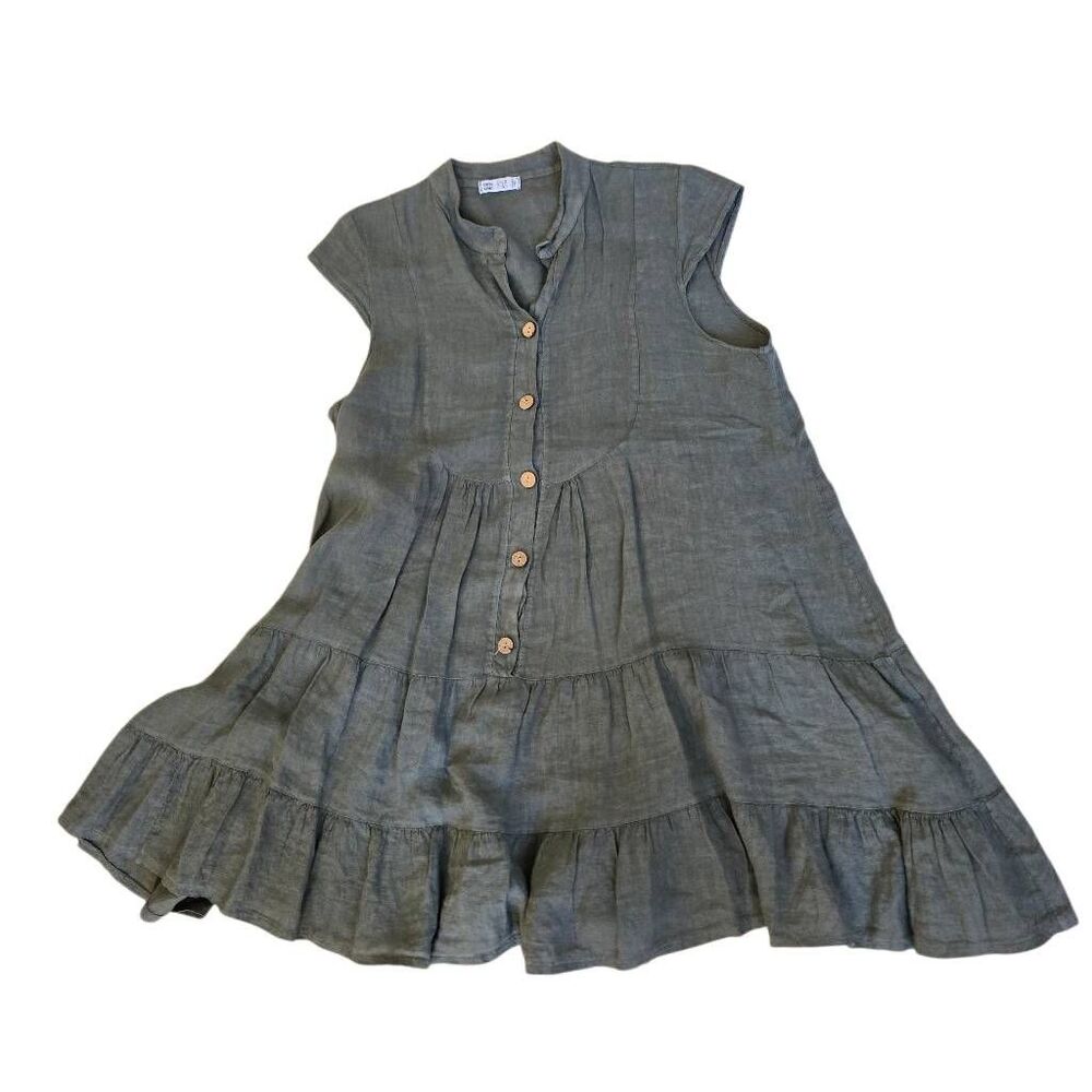 Womens 100% Linen Tiered Button Front Made in Italy Dress Large - Picture 2 of 9